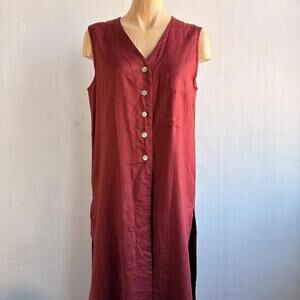 Prizzi Women Red 100% Linen Button Front Maxi Dress Sleeveless Slit EU 40 Large